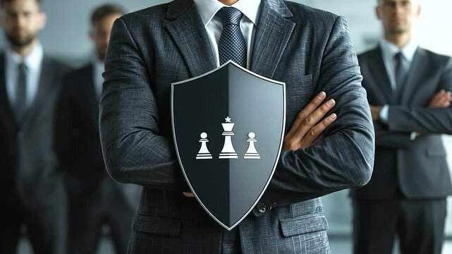 A well-dressed businessperson holds a shield firmly in front of an elaborate chess setup, symbolizing corporate defense strategies in the face of growing cyber risks, with each che