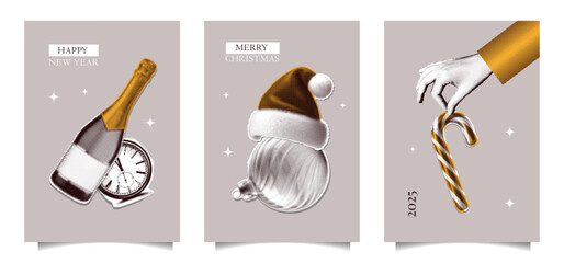New year halftone collage card poster templates set. Cut out of magazine shapes, clipping paper stickers - champagne, Santa hat, candy cane. Modern retro vector illustration
