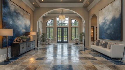 Elegant foyer with abstract art and modern decor.