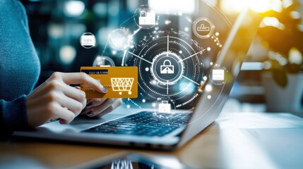 Woman holding a credit card and typing on a laptop, engaging in online shopping, with icons of digital payment security in the background