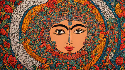 Obraz premium A Madhubani-style artwork featuring tribal deities like Sun God, painted with intricate patterns, floral borders, and vibrant colors in a circular frame.