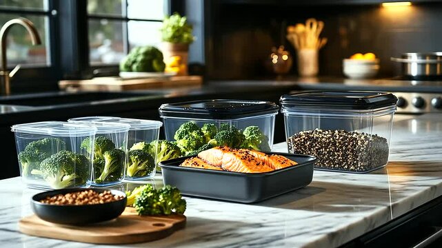 An organized batch cooking spread on a marble countertop, with Tupperware containers filled with quinoa, steamed broccoli, and baked salmon, ready to fuel a healthy and productive