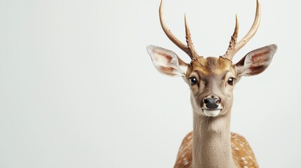 Fototapeta premium Detailed front view of a stag with finely illustrated antlers against a white backdrop, perfect for bold nature-inspired designs.