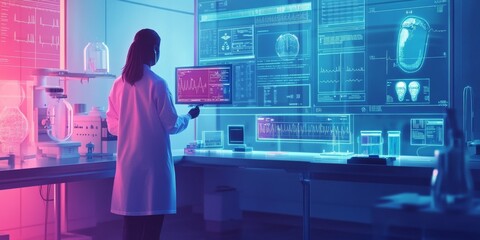 This image shows how technology is changing healthcare. It uses futuristic designs to represent ideas about medical advancements and scientific innovation.