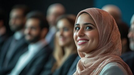 A woman wearing a pink scarf is smiling at the camera