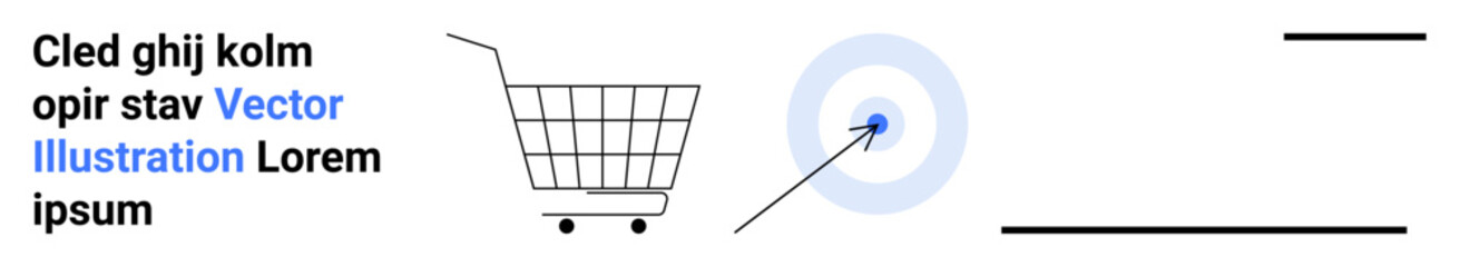 Shopping cart, bullseye target with arrow, and text elements in black and blue colors. Ideal for e-commerce, online shopping, marketing strategies, business development, sales campaigns, digital