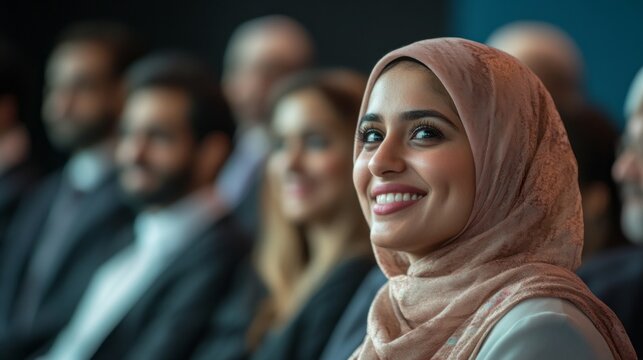 A woman wearing a pink scarf is smiling at the camera