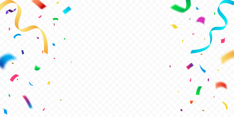 Celebration background template with colorful confetti and ribbons. Bright falling tinsel.