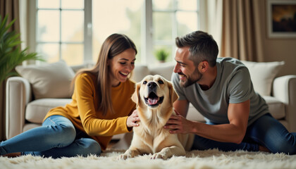 Happy Couple and Dog at Home