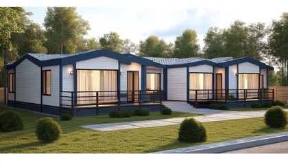 Exterior of Three Modern Modular Homes with a Blue and White Facade, Decks, and Landscaping.