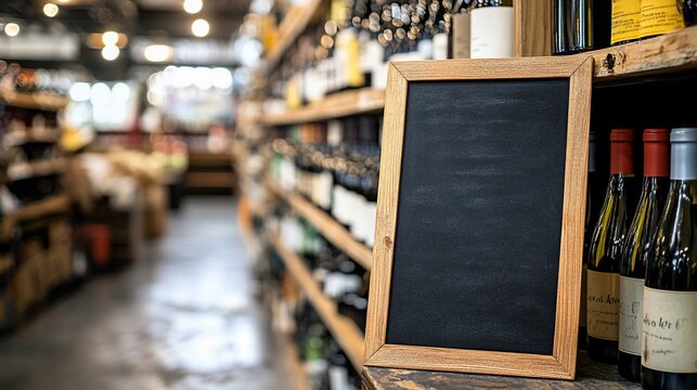 Empty chalkboard sign in a wine shop.