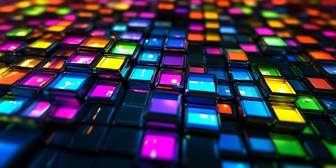 Glowing neon squares on dark background