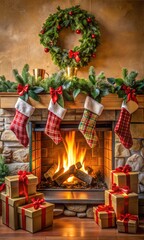 Fototapeta premium Xmas Scene With Stockings Hanging Above a Roaring Fireplace in a Festive Christmas Atmosphere with Warm Winter Cheer and Holiday Magic