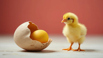 Vibrant, cute yellow chick peeking out of an eggshell on a clean, minimalist white and red background. Styled like an Easter postcard, with ample copy space for text