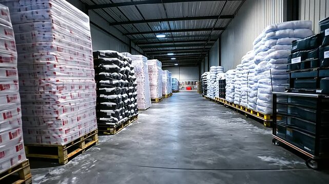 Inside a spacious cold storage room, pallets of frozen goods are stacked on industrial metal shelves, while frost clings to the walls, emphasizing the controlled temperature enviro