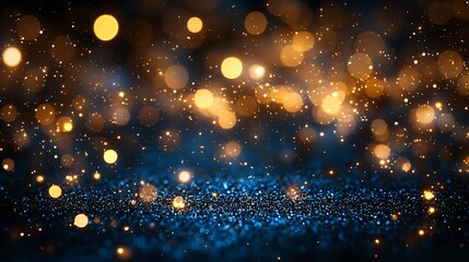 Obraz premium Blue background with golden bokeh lights and glitters, Abstract background bokeh blur
