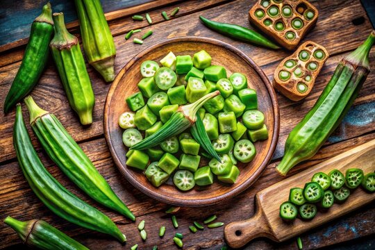 Candid Photography of Freshly Chopped and Whole Okra - Vibrant Green Lady's Fingers for Culinary Delight