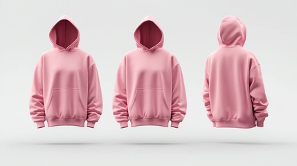 Pink hoodie mockup with front, back, and side views.