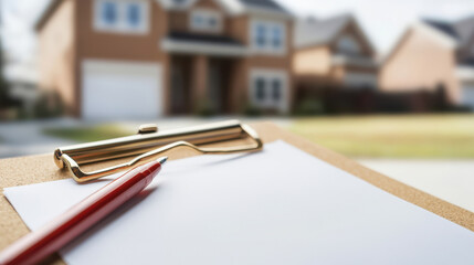 A close-up of a clipboard with a blank sheet and a red pen, set against the backdrop of a suburban home.