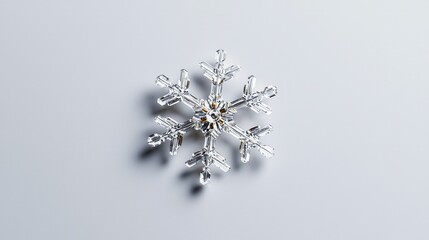 Single snowflake on white, displaying its intricate design and crystalline structure, symbolizing the unique beauty of winter.