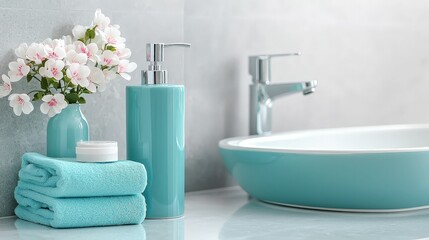 Fototapeta premium A serene bathroom setting featuring turquoise towels, a floral arrangement, and sleek fixtures, creating a fresh and modern atmosphere.