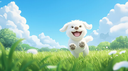 A cheerful, fluffy puppy runs playfully in a lush green field under a bright blue sky with fluffy clouds.