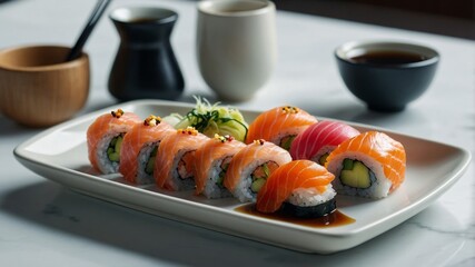 Assorted sushi rolls and nigiri on white plate