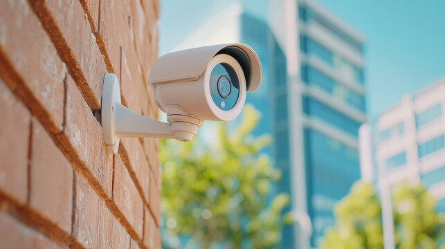A security camera mounted on a brick wall, overlooking modern buildings, showcasing an emphasis on surveillance and safety.
