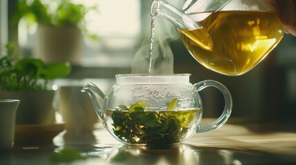 A person brews tea by pouring boiling water over fresh leaves in a clear teapot
