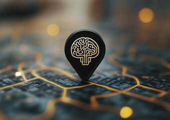 Artificial intelligence navigation concept with futuristic brain icon and data network connections on black digital map