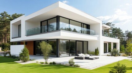 Modern minimalist house with white walls and large glass windows