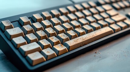 A close-up of a dusty, vintage keyboard, highlighting its worn keys and textured surface, set against a blurred background.
