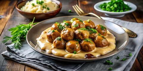Delicious Homemade Swedish Meatballs with Gravy on Mashed Potatoes - Comfort Food, Culinary Delight, Gourmet Recipe, Hearty Dinner, Traditional Cuisine, Fresh Herbs, Savory Dish, Food Photography