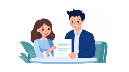 A cheerful couple is seated at a table, showcasing a document, symbolizing partnership, business, or a contract discussion.