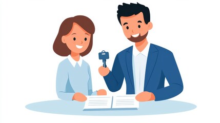 Fototapeta premium A cheerful couple finalizes a deal, holding a key and documents, symbolizing a new beginning or property ownership.