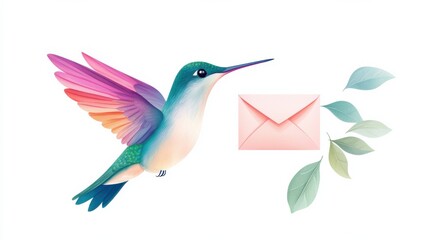 Obraz premium A colorful hummingbird flies towards a pink envelope surrounded by leaves, symbolizing communication and nature's beauty.