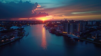 Fototapeta premium Drone Shot City. Panoramic Aerial Sunset over Boca Raton Florida Skyline