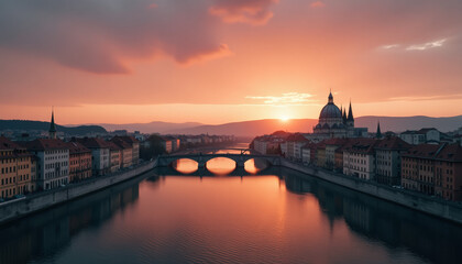 Obraz premium Sunset Cityscape with Bridge and River