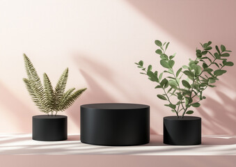Modern black cylindrical plant stands with minimalist green foliage against a soft pink background in natural sunlight
