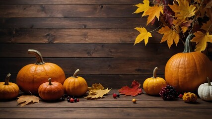 Autumn scene with pumpkins leaves and berries