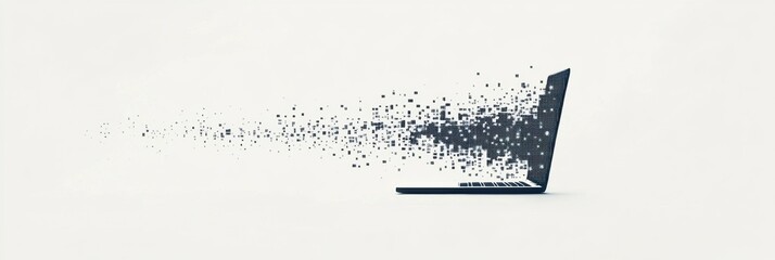 A laptop releases a flow of pixel elements into the air, illustrating the fusion of technology and creativity in the digital age. Generative AI