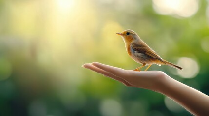 A small bird perched on a hand, surrounded by a soft, blurred background, symbolizing connection with nature.