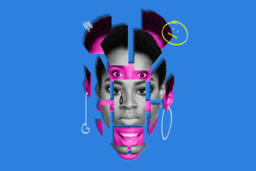 Collage absurd illustration of grimacing surreal neon visual effect psychedelic picture complicated...