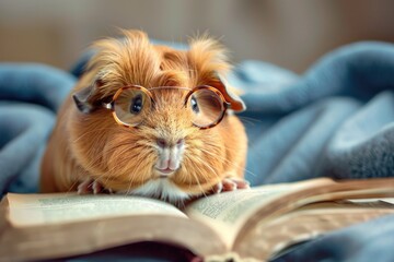Funny Reading: Guinea Pig in Glasses Engaged in Book Learning