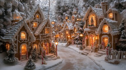 Fototapeta premium A Snowy Gingerbread Village with Illuminated Windows