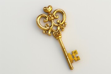 Gold Heart Background. Aged Key Closeup Access on White Background