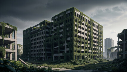 Obraz premium Abandoned urban landscape with overgrown vegetation buildings