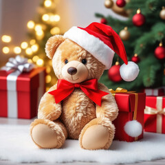 Plush Toy Brown Bear in Gnome Hat Sitting Near Gifts Under Christmas Tree.