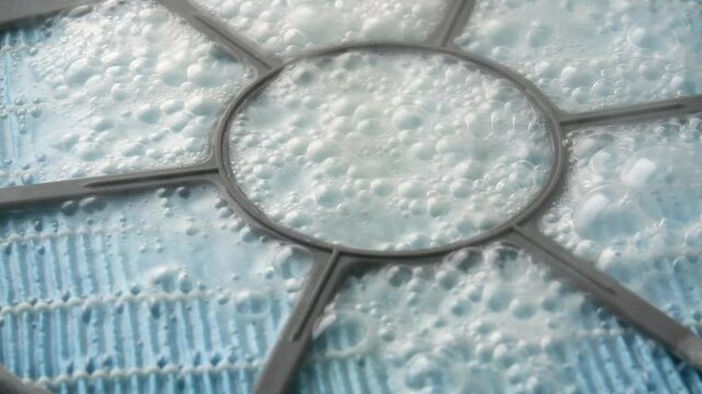 Cleaning a humidifier filter in a citric acid solution. Immersion in water removes limescale and dirt, improving performance