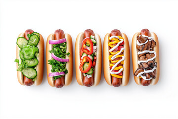Close-up of hot dogs with toppings, American street food concept, hyper-realistic, isolated on white background
